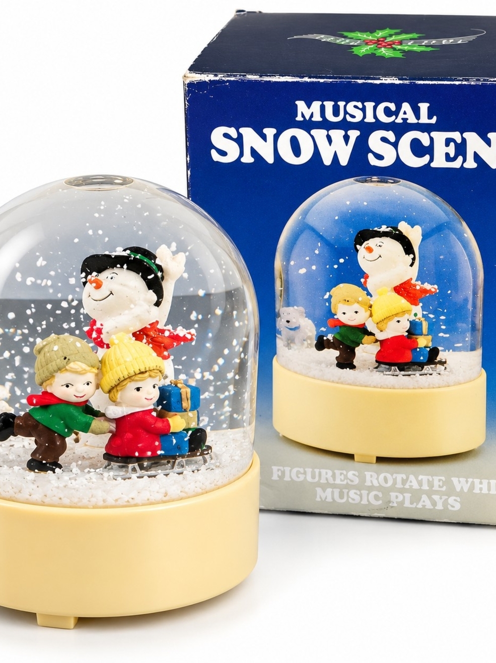 Musical Snow Scene Holiday Snow Globe with Children and Snowman - Cream Base